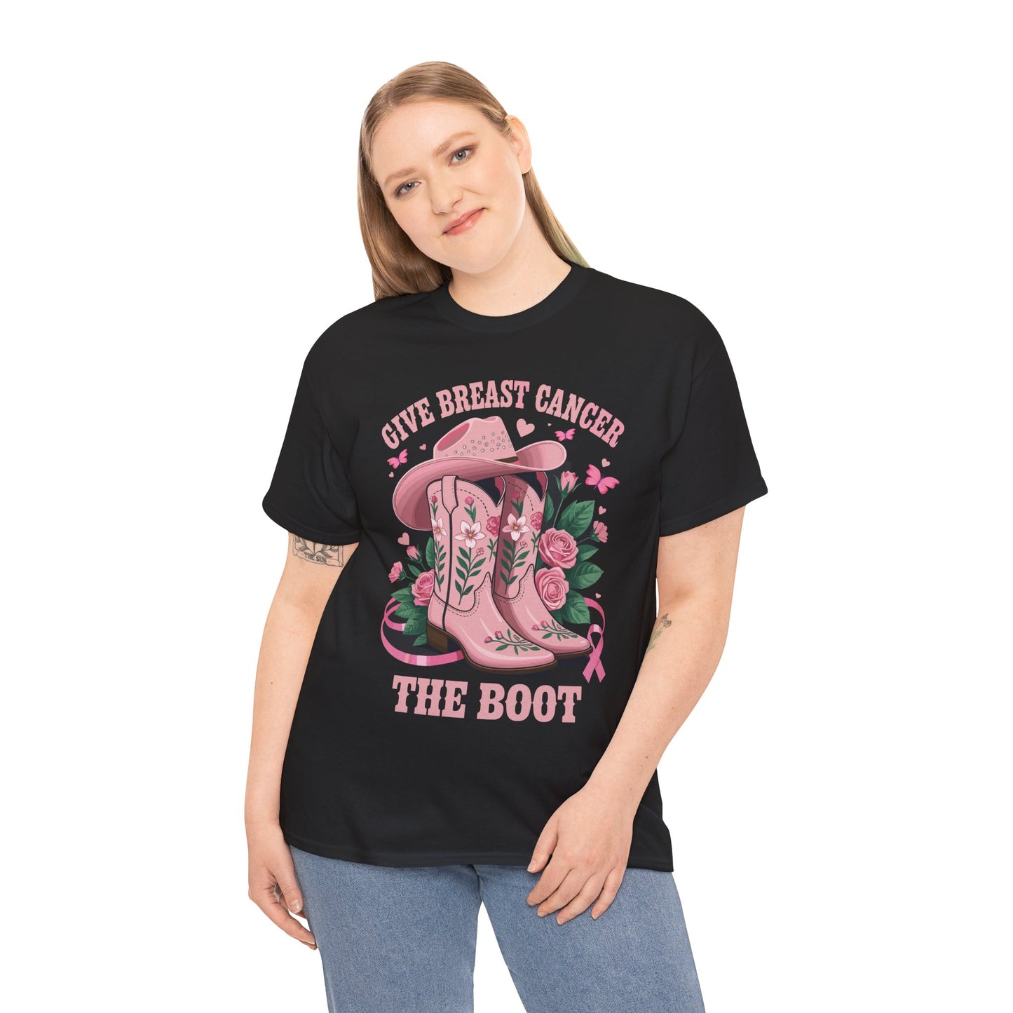 Give Breast Cancer The Boot Cowgirl Cancer Awareness Ribbon T-Shirt