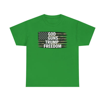 God Guns Trump Freedom Funny Camouflage Pro Gun USA Flag T-Shirt