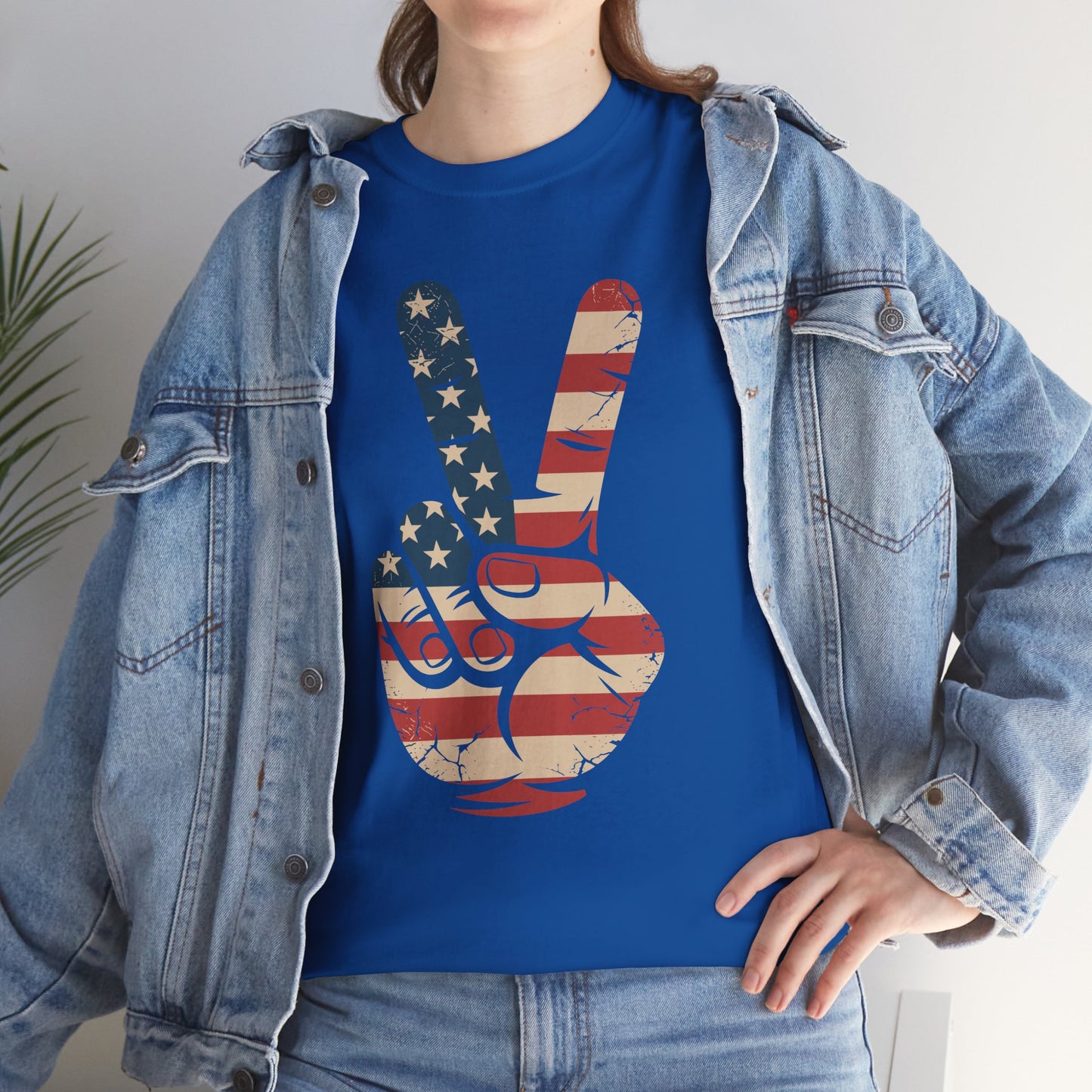 USA Flag Peace Sign Hand 4th of July Patriotic Men Boys T-Shirt