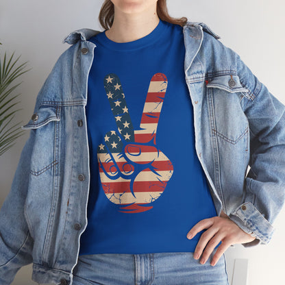 USA Flag Peace Sign Hand 4th of July Patriotic Men Boys T-Shirt
