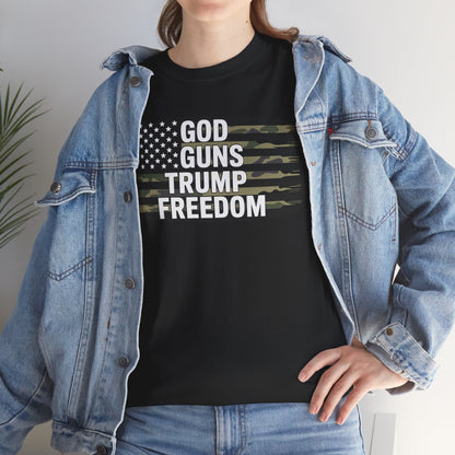 God Guns Trump Freedom Funny Camouflage Pro Gun USA Flag T-Shirt