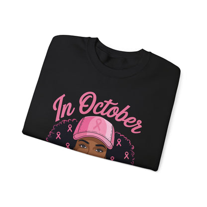 in October We Wear Pink Black Women Breast Cancer Awareness Sweatshirt
