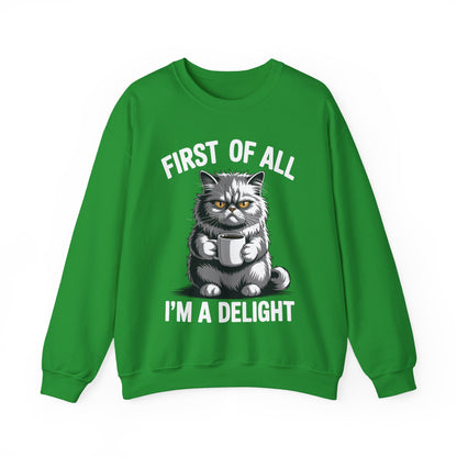 First Of All I'm A Delight Sarcastic Angry Cat Coffee Lover Sweatshirt for Men Women